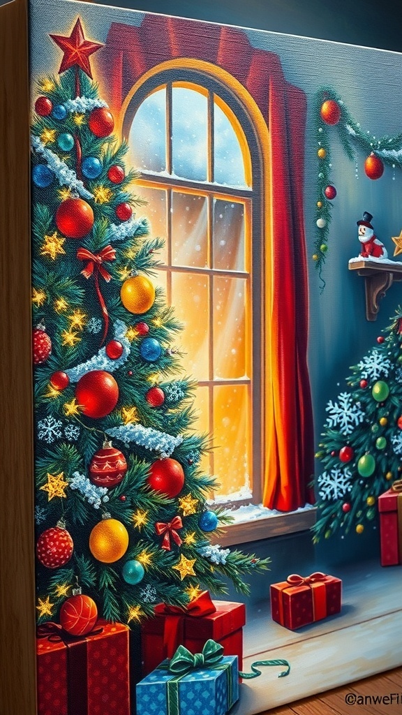 A colorful Christmas canvas painting of a decorated tree and snow scene.